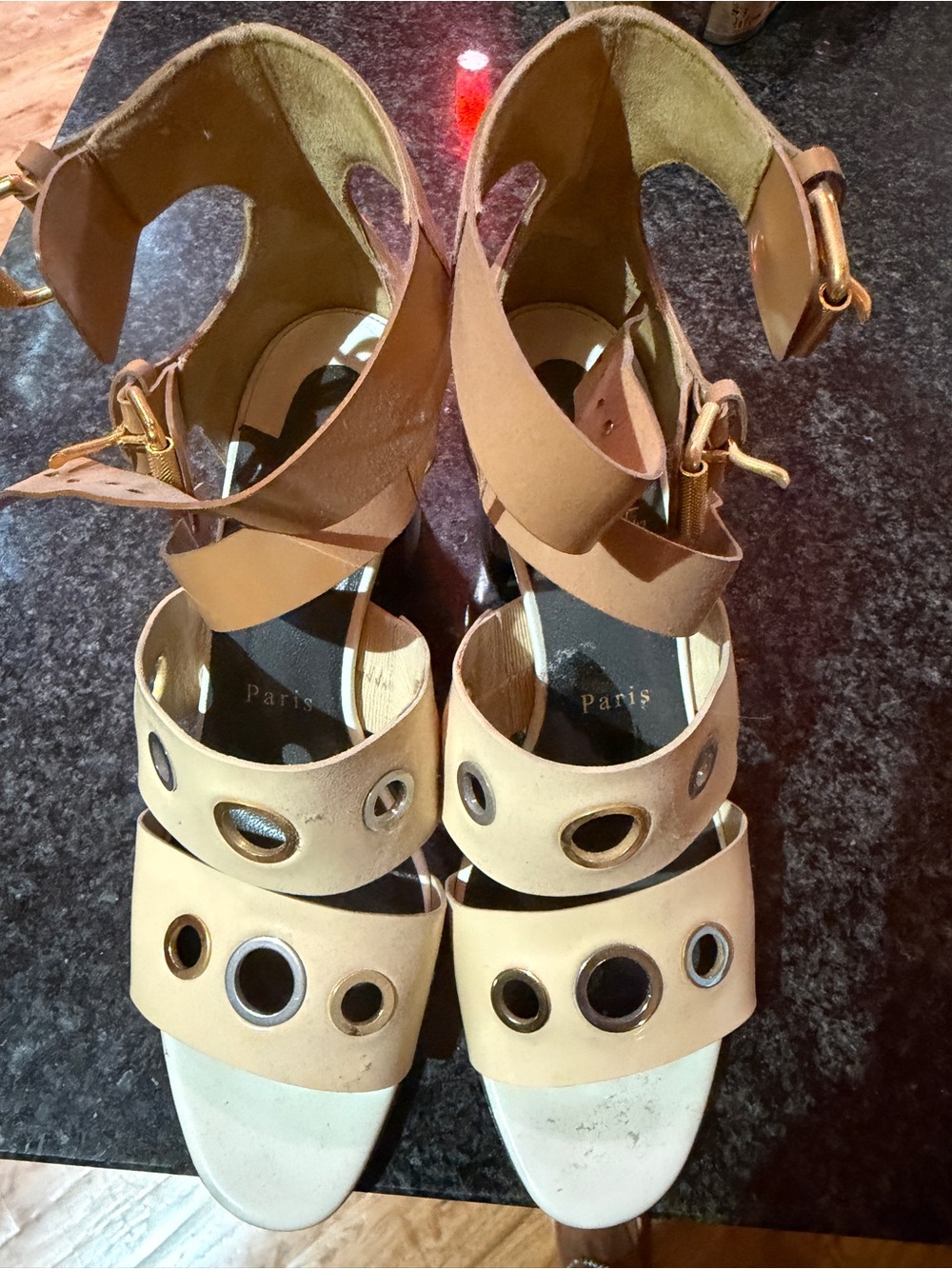 Christian Louboutin Beige and White Grommet Strappy Heels